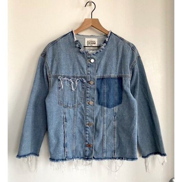ZARA TRF Collarless Frayed Denim Jacket Size XS - Picture 5 of 14